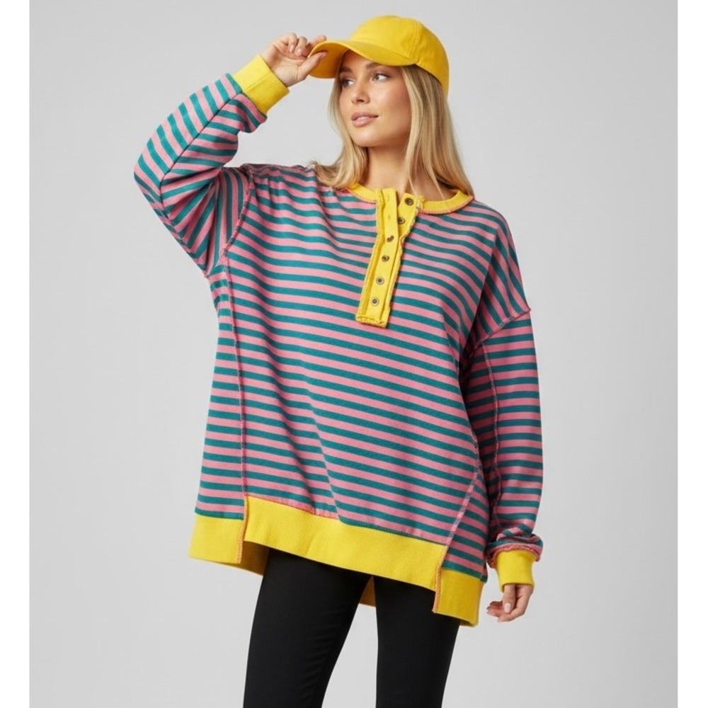 NEW Striped Henley Oversized Sweatshirt‎ Oversized Small Pink Teal Yellow Casual